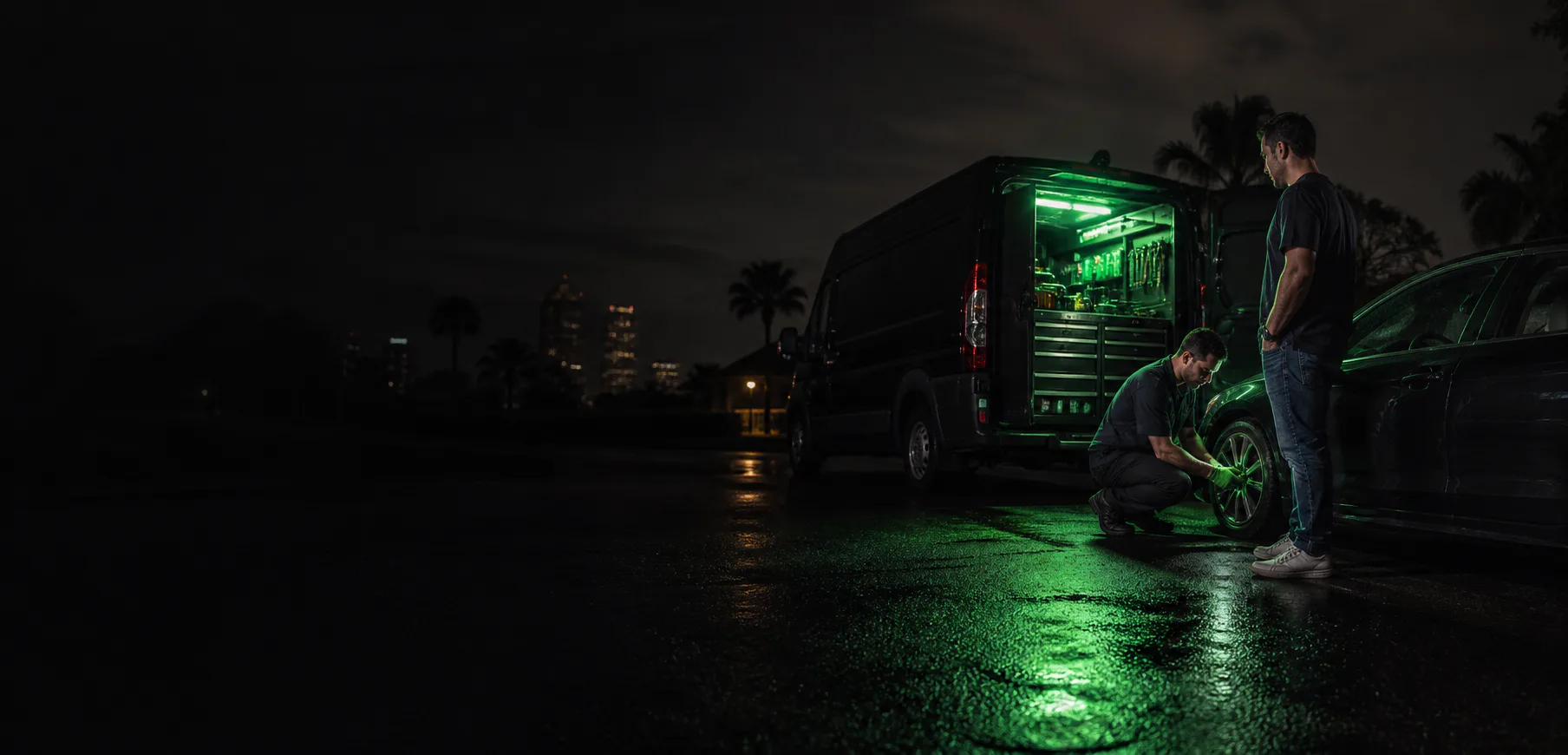 Mobile mechanic repairing a vehicle beside a service van in Orlando at night
